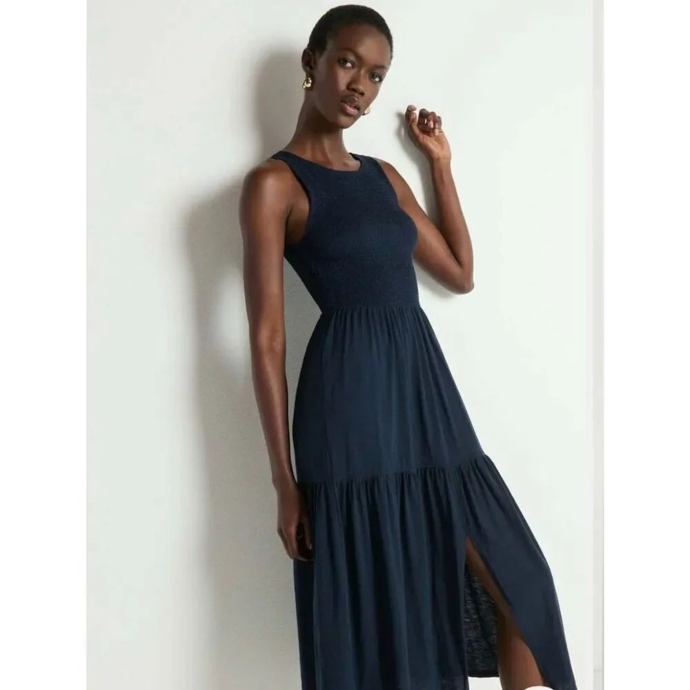 NWT Nation LA Clementine Dress  Smocked Sleeveless Tiered Maxi Dress Side Slit S